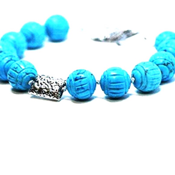 Natural Carved Turquoise Bracelet Handmade Sterling Silver 11th Anniversary - Picture 3 of 10